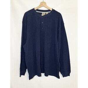 LL Bean Henley Navy Blue Waffle Thermal Long Sleeve Shirt Men's XXL-REG